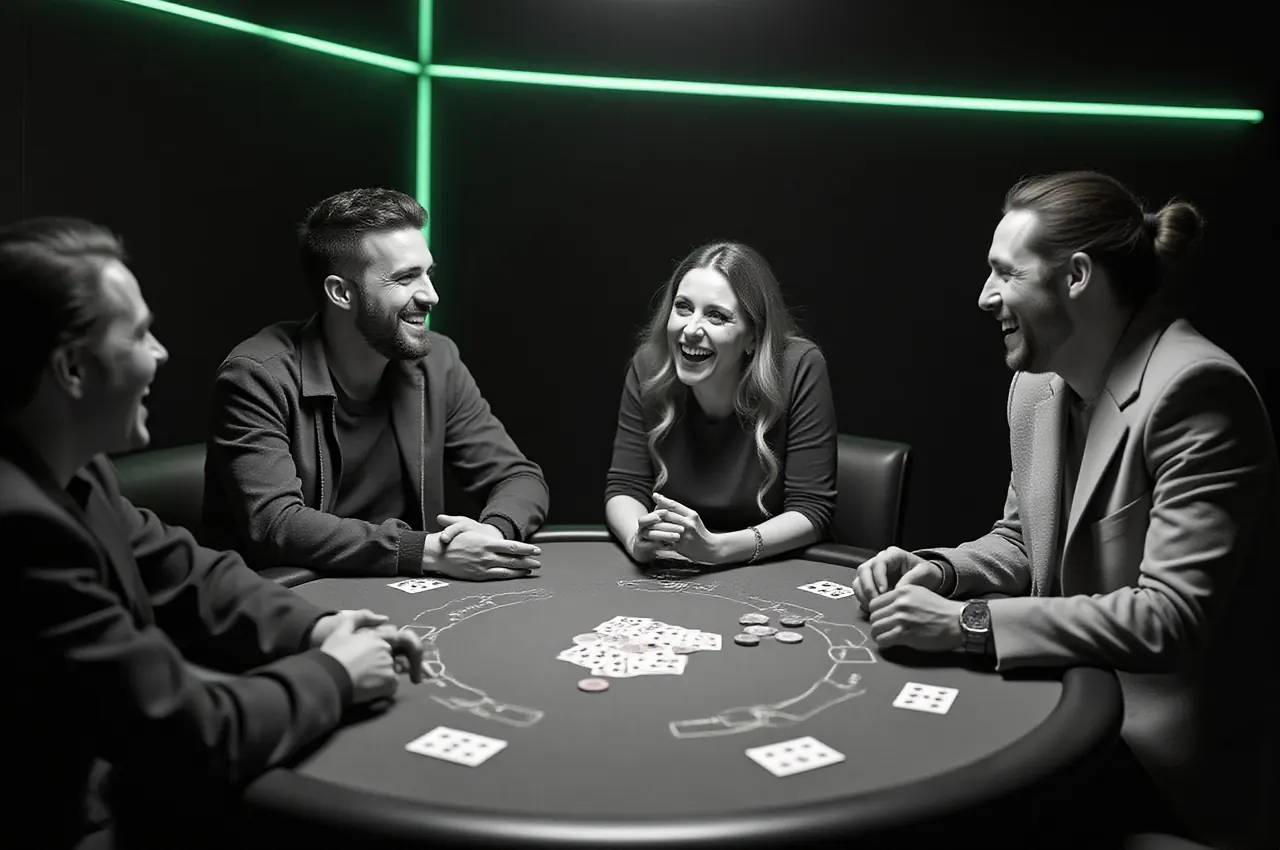 Roześmiani przyjaciele przy stole do pokera z kartami i żetonami w kameralnym salonie gier