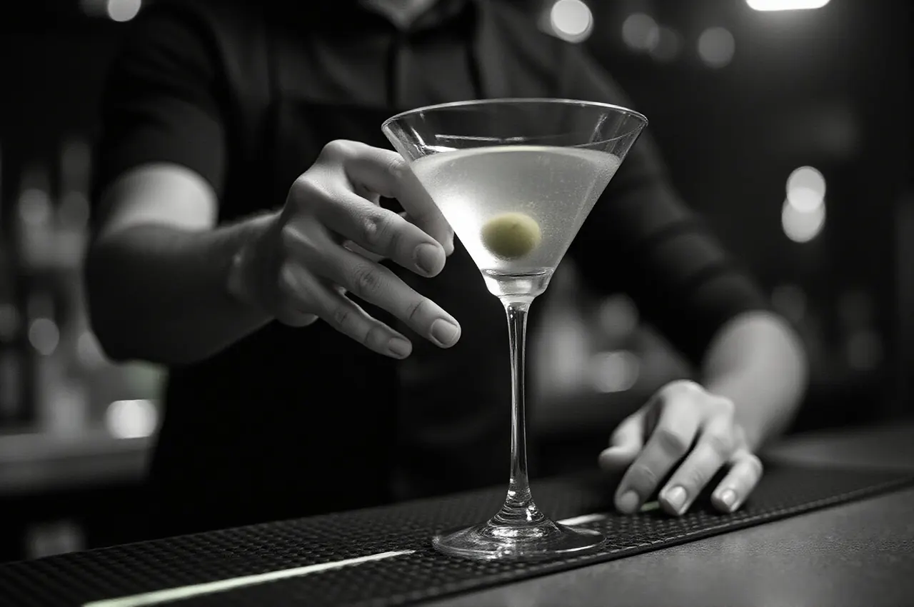 Dłonie barmana podające klarowne martini z oliwką na kontuarze baru